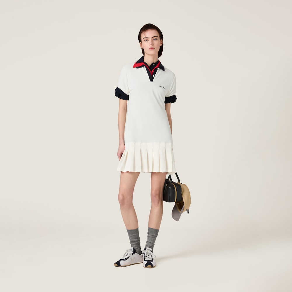 Pleated cotton piqué mini-dress
