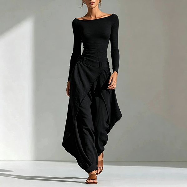 OFF-SHOULDER TOP EN ASYMMETRISCHE WIJDE PIJPEN  SET