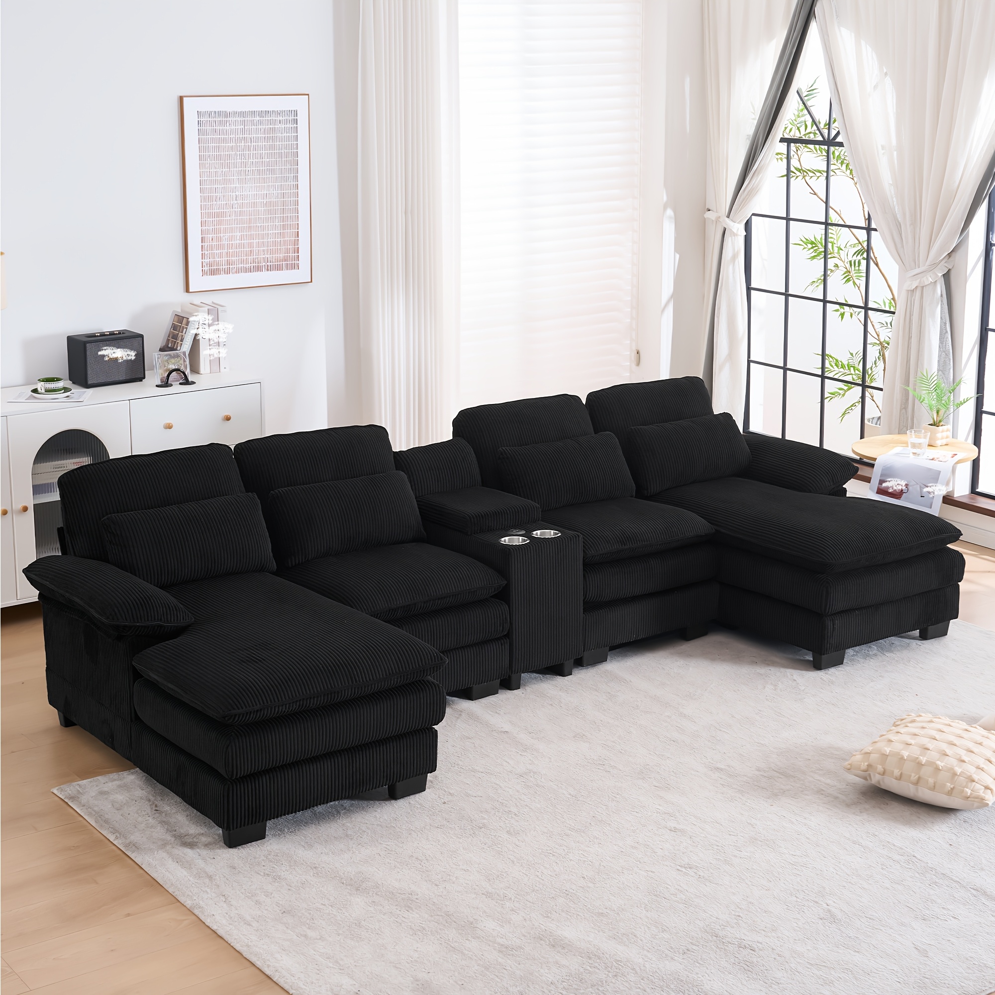 Living room comfortable modular sofa, U-shaped cloud sofa, modern corduroy modular sofa with recliner and console cup holder