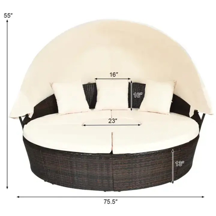 Costway Patio Rattan Daybed, Upholstered Sofa, Adjustable Canopy Table Top, 3 Cushions