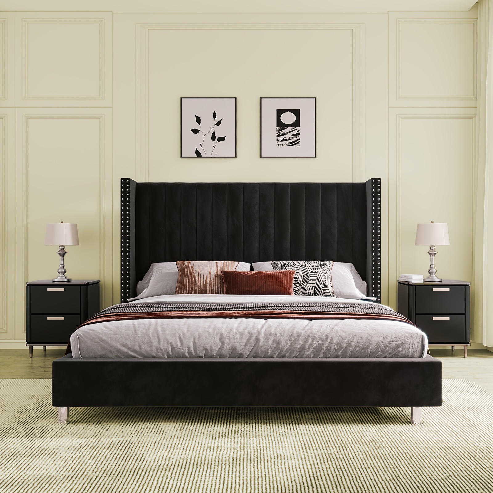 Papageet luxury bed frame with quilted velvet wingback headboard – vertical quilted upholstered platform bed, no box spring needed, easy to assemble, high-density fiberboard/wooden frame, suitable for modern and traditional styles
