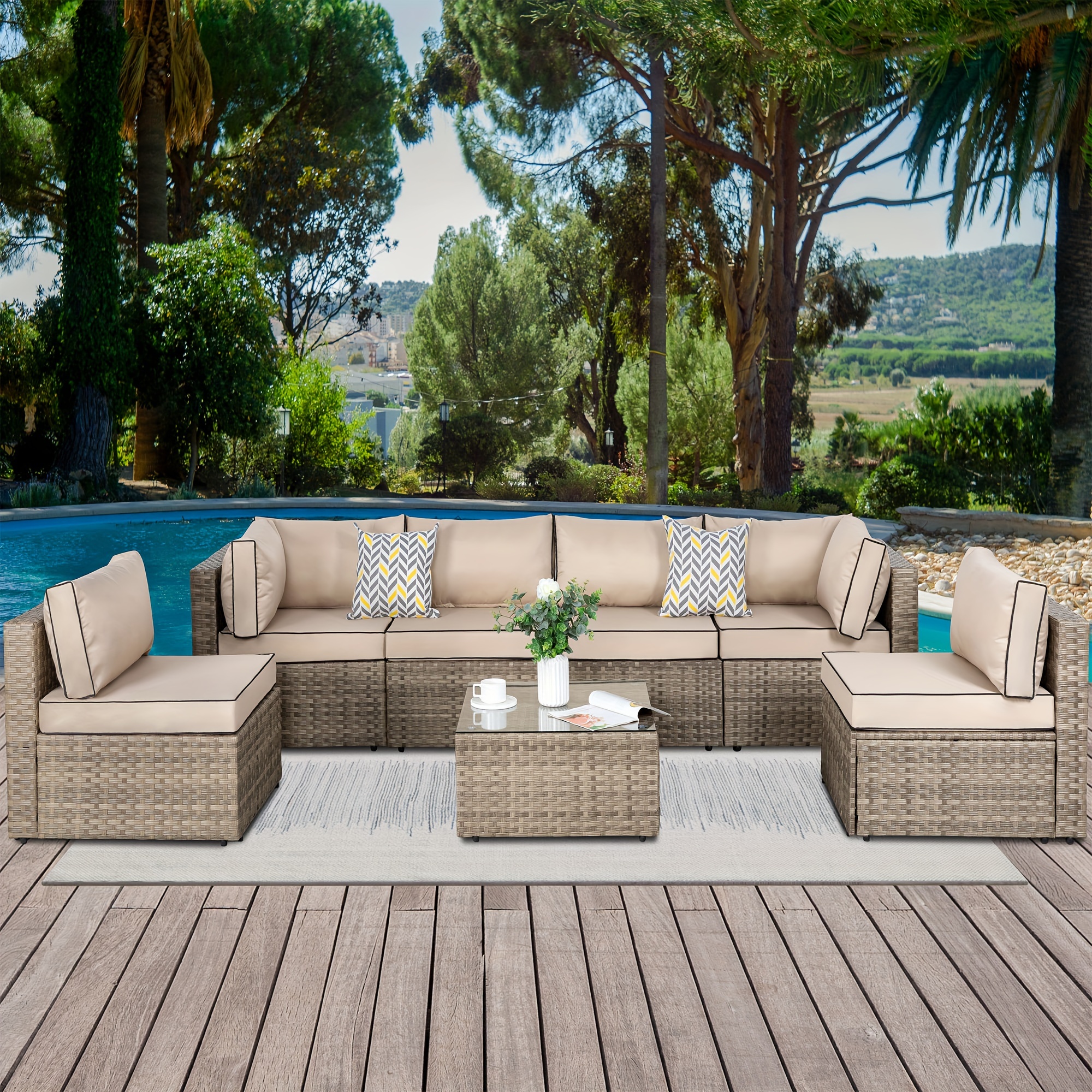 JY QAQA 7-piece outdoor patio furniture set, PE rattan woven patio sofa with tea table and washable cushions, Aegean blue