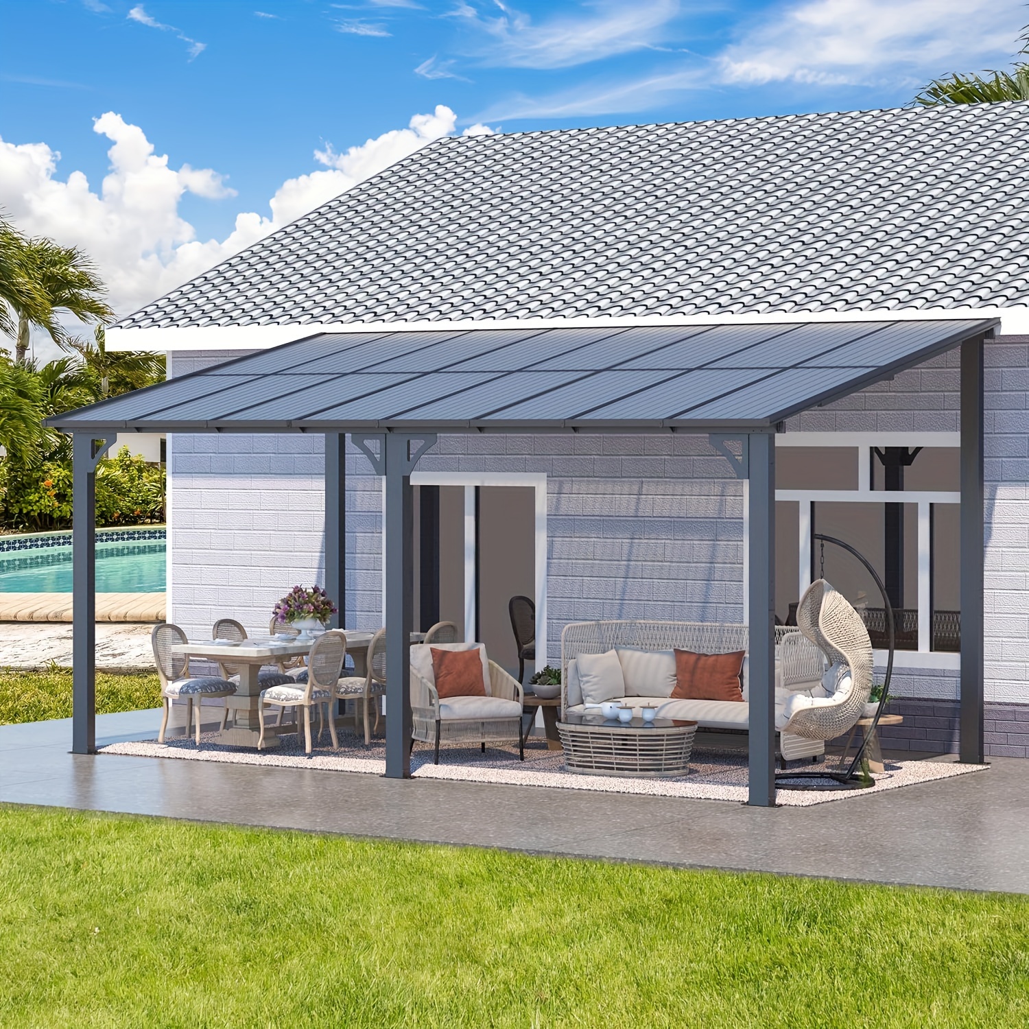 16' x 8' patio outdoor pergola, hard-top slanted to 8x16 gazebo canopy and gazebo gap, with patio roof, large wall-mounted heavy-duty awning, suitable for patio, deck, backyard
