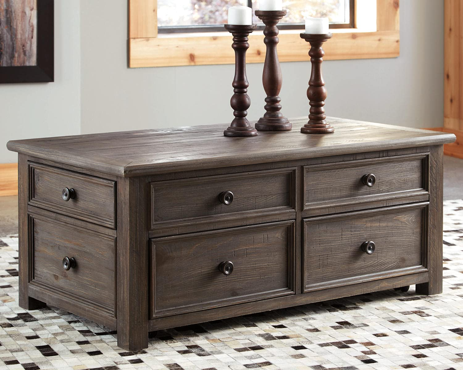 Rustic Rectangular Lift Top Coffee Table with 4 Storage Drawers, Dark Brown with Distressed Finish