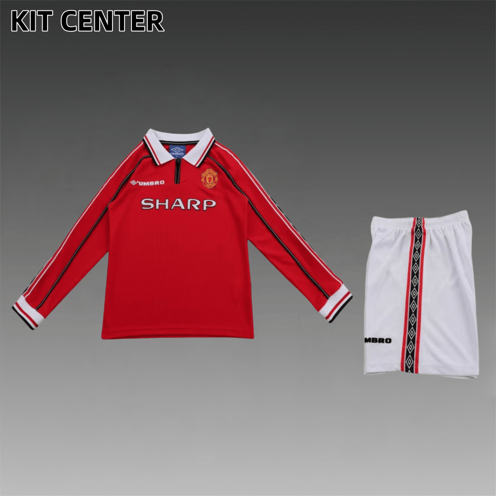 98/99 Manchester United home long sleeves Retro Football Soccer Kids Kit
