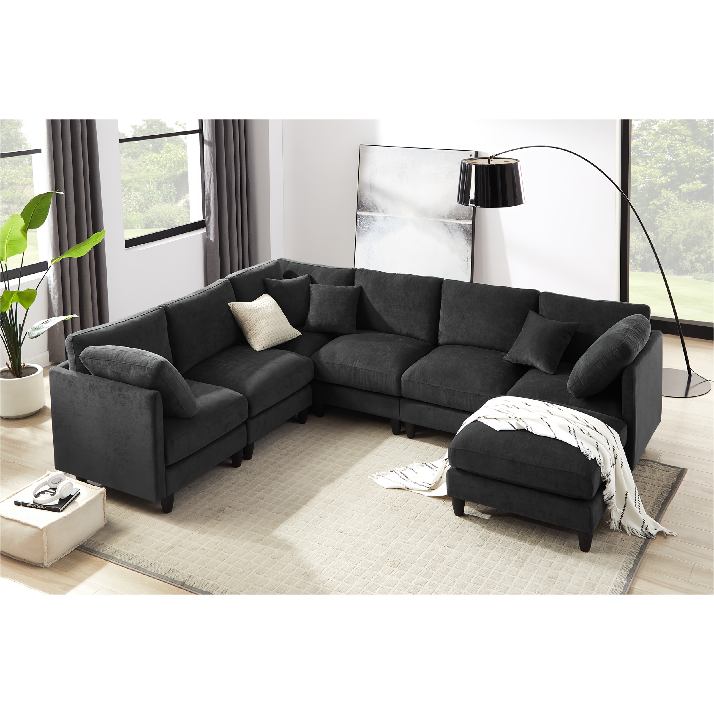 121inch Extra-large modular soft-pack sofa, chenille fabric, with removable footrest, cloud sofa, can be freely converted into L/U shape and sofa bed, suitable for living room, black/beige