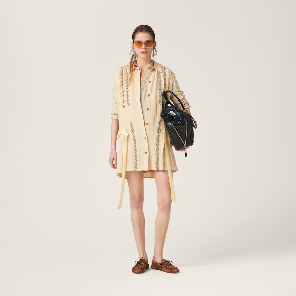 Embroidered marocain mini-dress