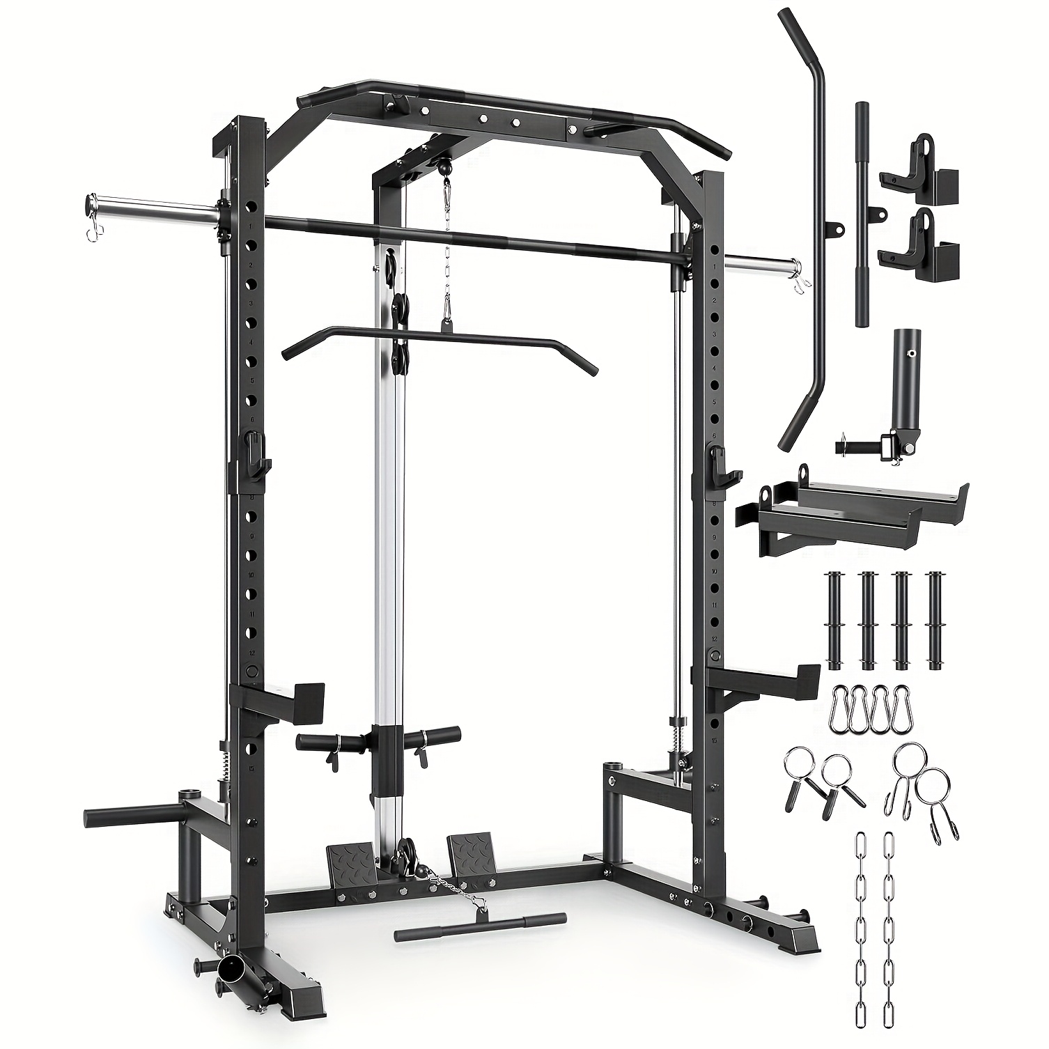Smith home gym equipment, featuring a barbell bar, resistance trainer system, LAT pull-down attachment, safety arm guards, J-hooks, Landmine, and multi-functional squat rack, suitable for full-body strength training