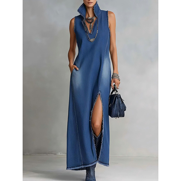 OPSTAANDE KRAAG DENIM JURK
