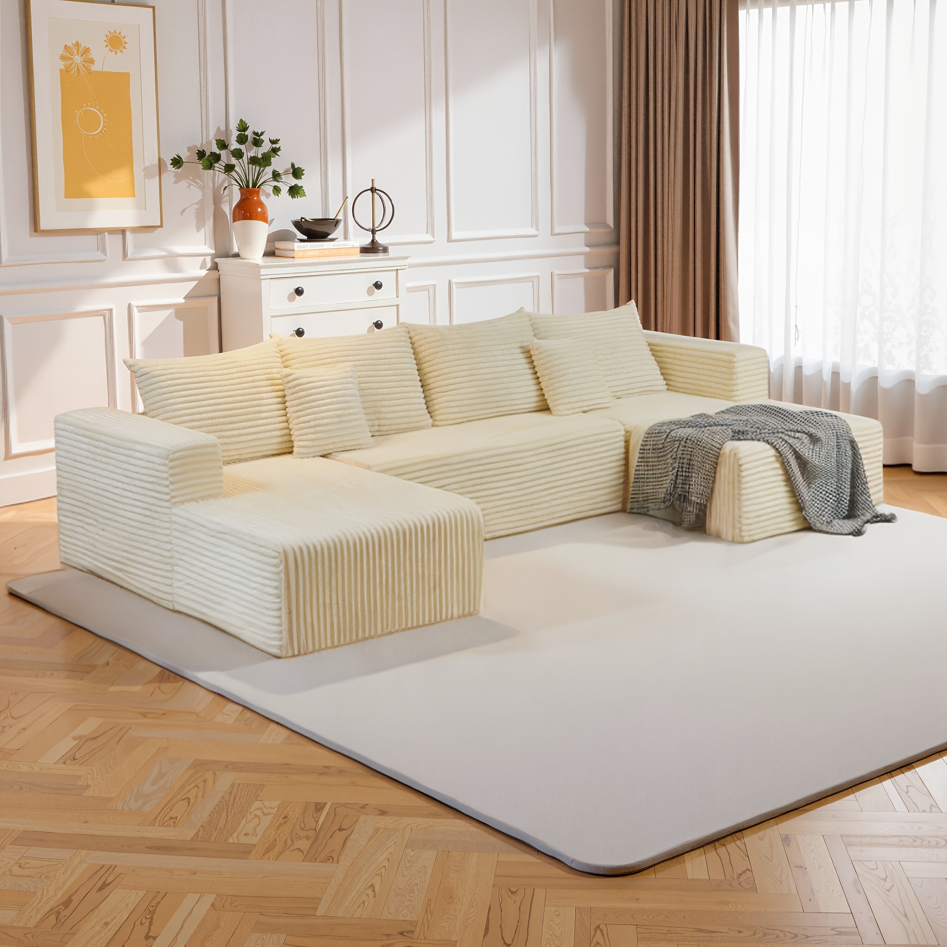 Large modular cloud sofa.Modular corduroy sofa bed, deep seat.U-shaped frameless sofa, suitable for living rooms, apartments, and bedrooms, no assembly required