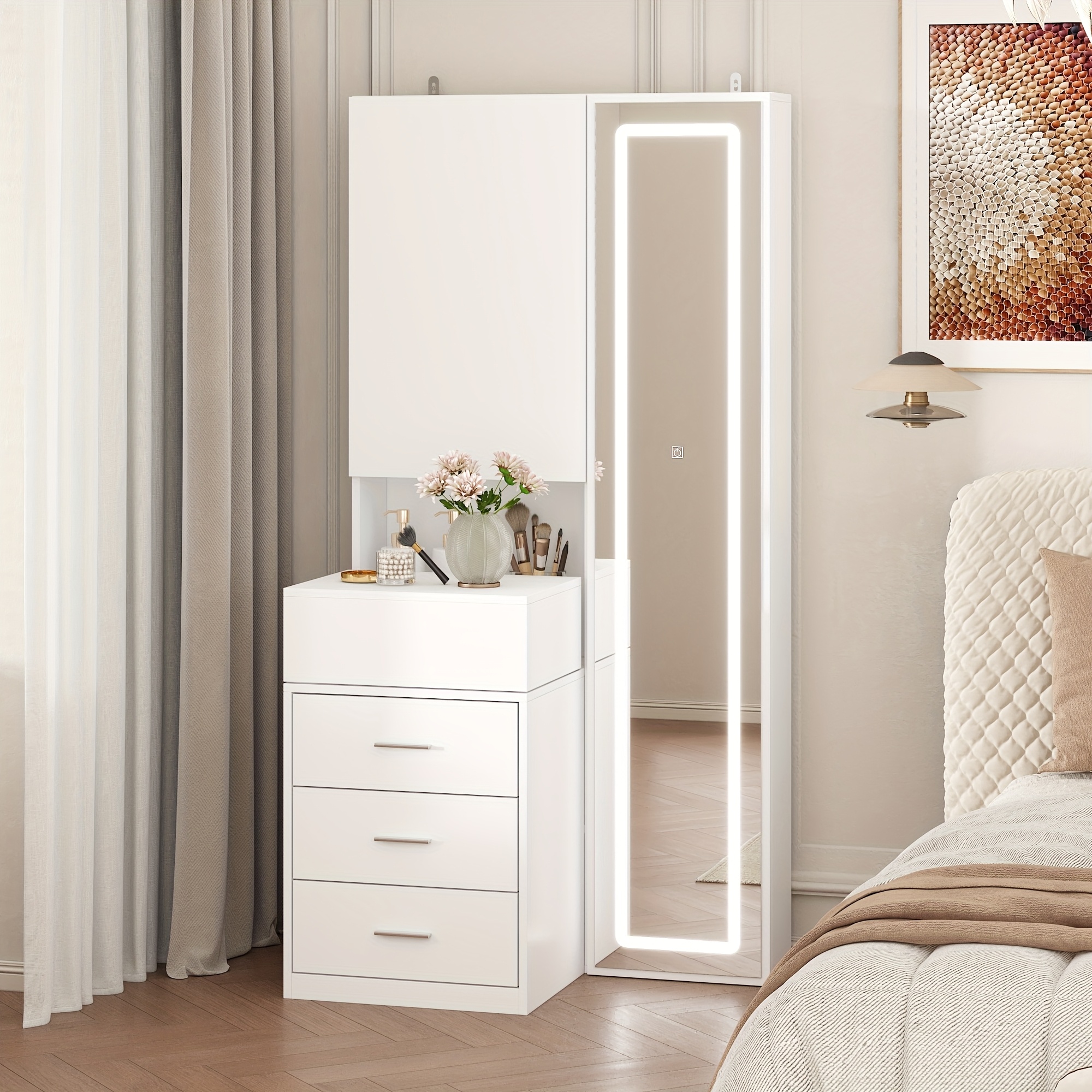 Modern dressing table with drawers and storage shelves, bedroom makeup vanity set with illuminated full-length mirror and sliding storage compartments, large space, stylish design, white