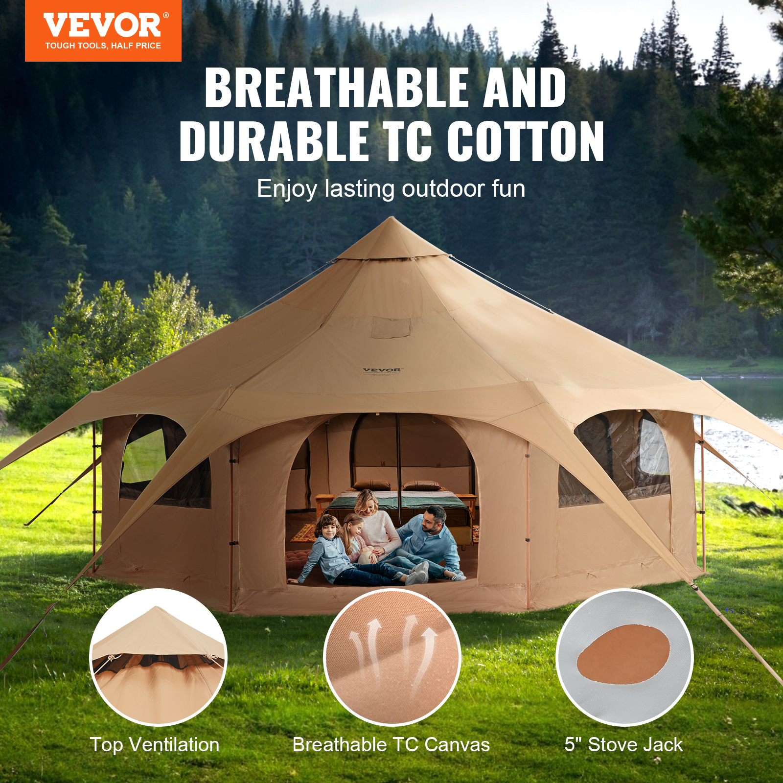 VEVOR tent, 4-season 5m /16.4 feet bell tent, canvas camping tent with stove outlet, breathable yurt tent, suitable for 8 people, for family camping, outdoor hunting, and parties