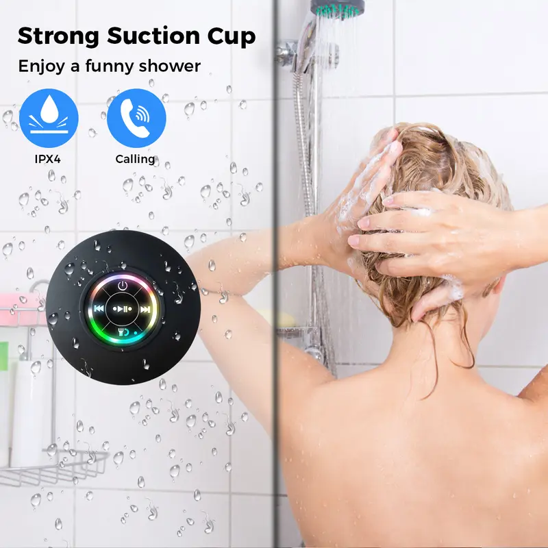 Waterproof Bluetooth Shower Speaker with Suction Cup & RGB LED Light, USB-C Rechargeable Portable Wireless Speaker, Hands Free Call for Bathroom Pool Beach