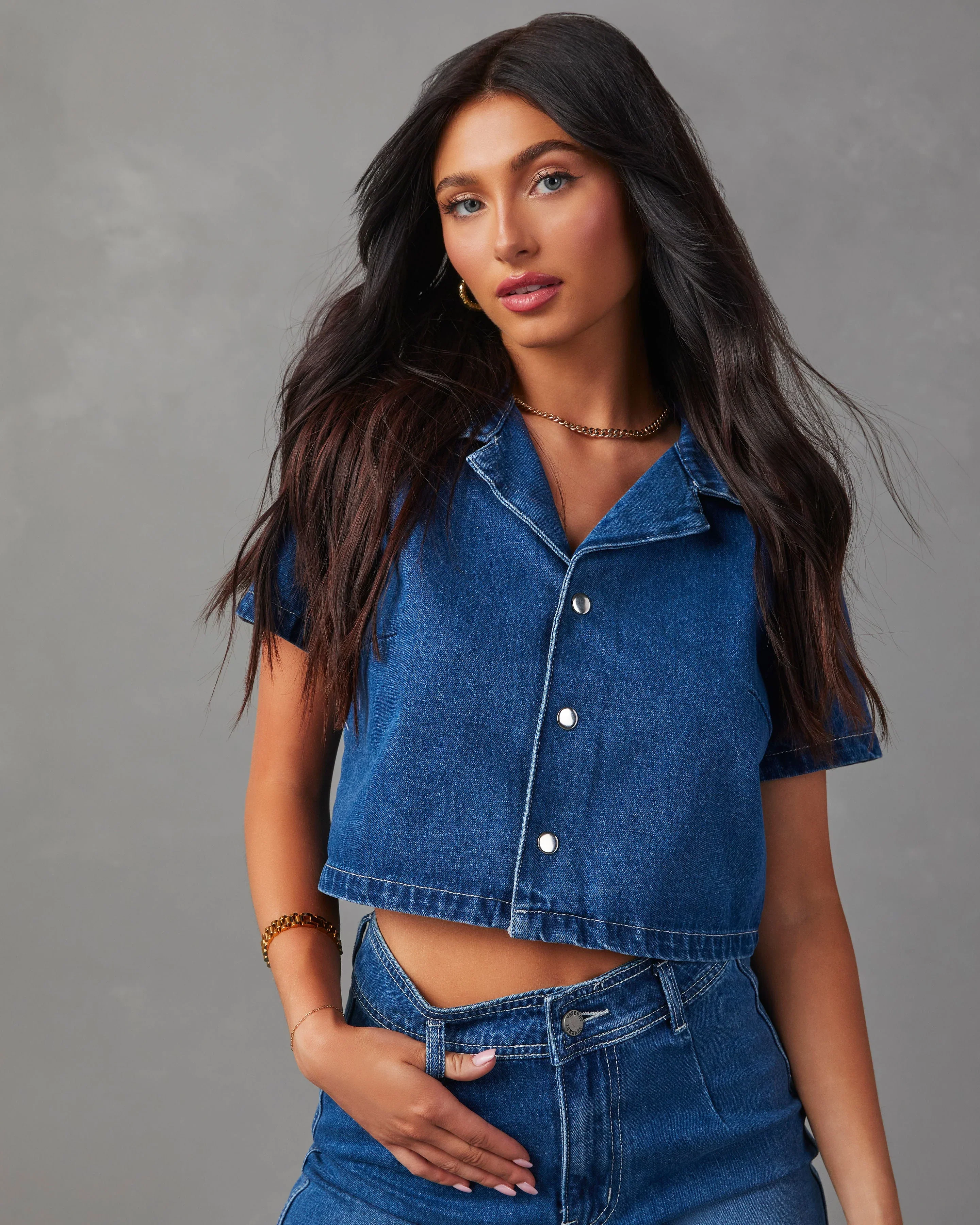 Amir Denim Short Sleeve Button Down Top