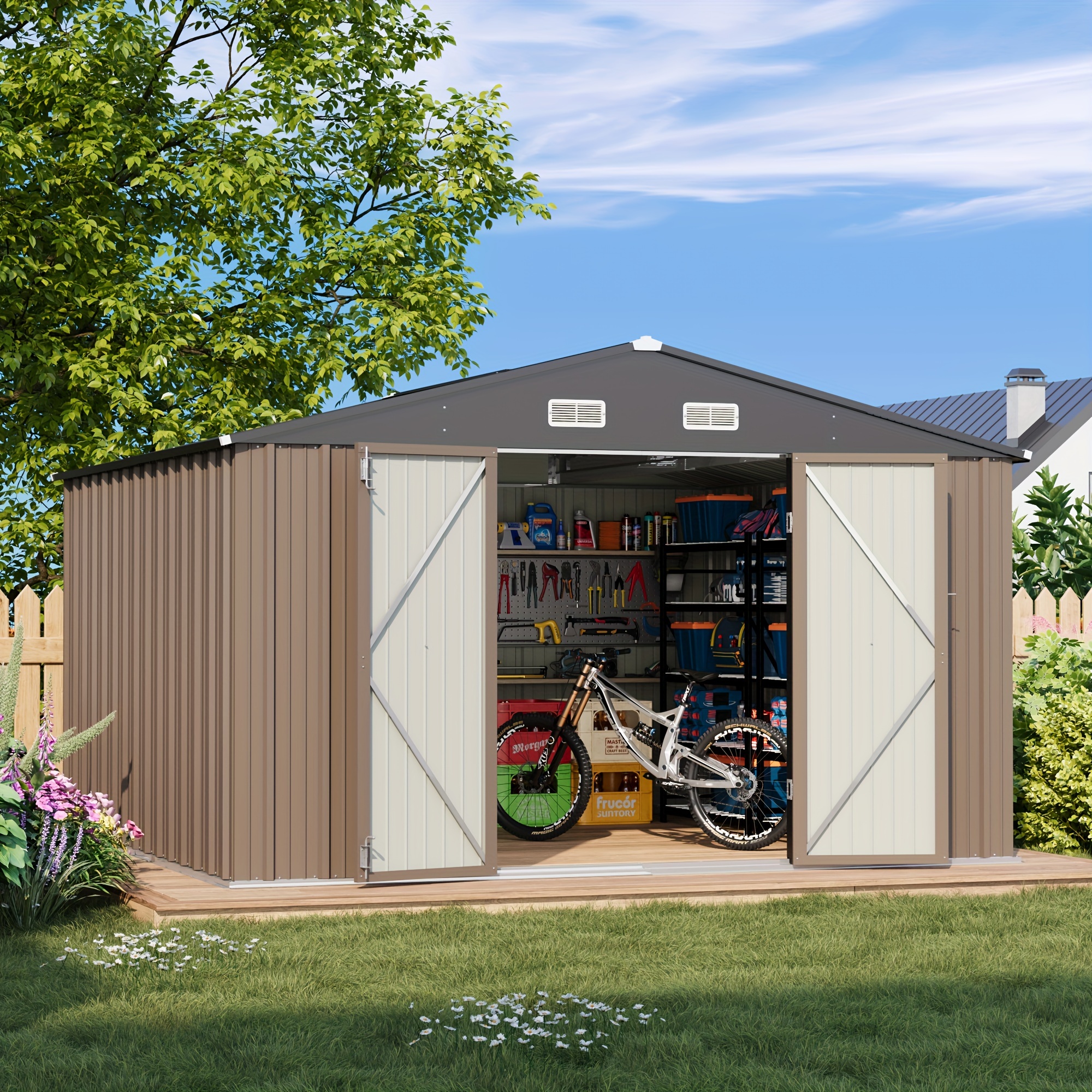 Victone 10 X 10 FT outdoor storage shed, spacious metal shed for garden tools, featuring a sloped roof and double lockable doors, ideal for use in backyards, gardens, patios, and lawns