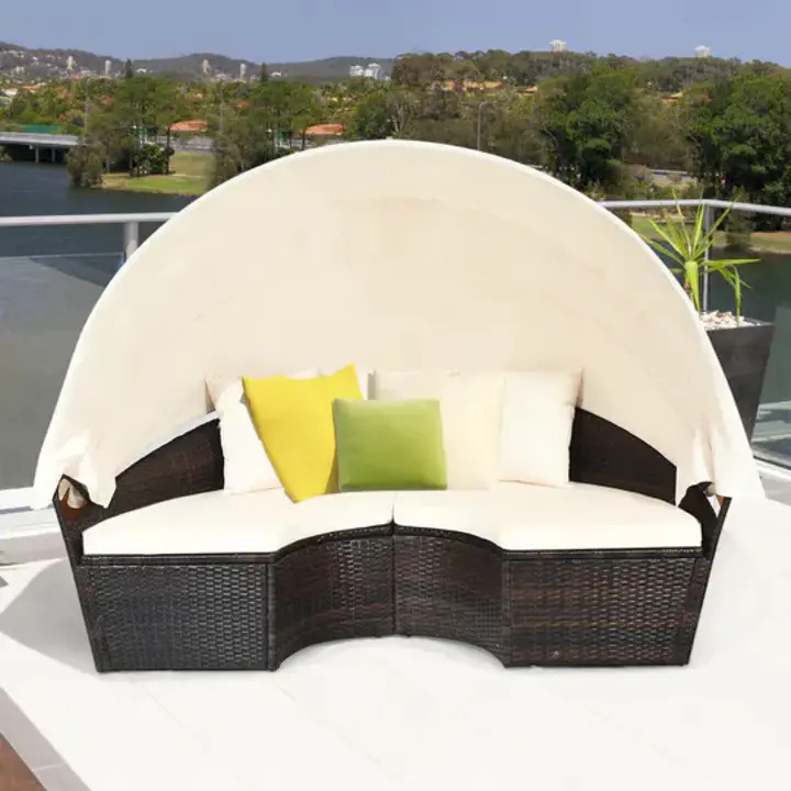 Costway Patio Rattan Daybed, Upholstered Sofa, Adjustable Canopy Table Top, 3 Cushions