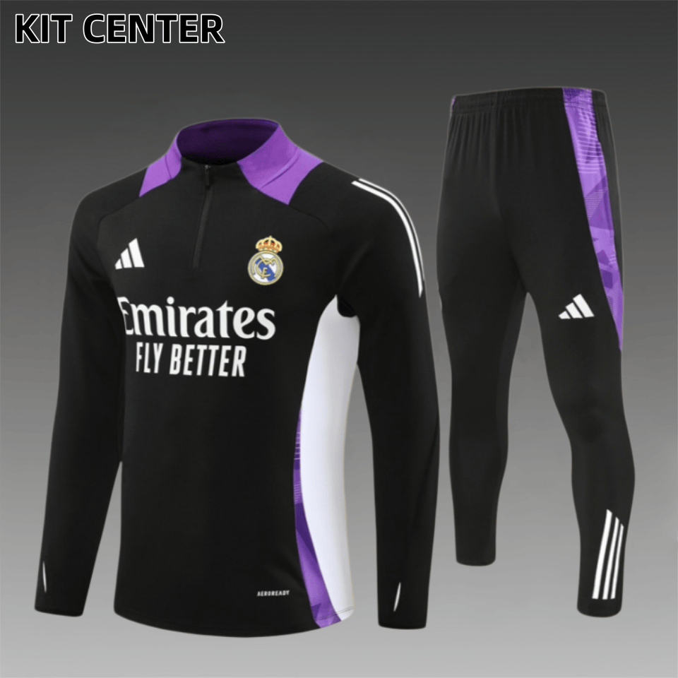 24/25 Real Madrid Black paired with purple Half Zip Training Kit (Adult Kids Kit)