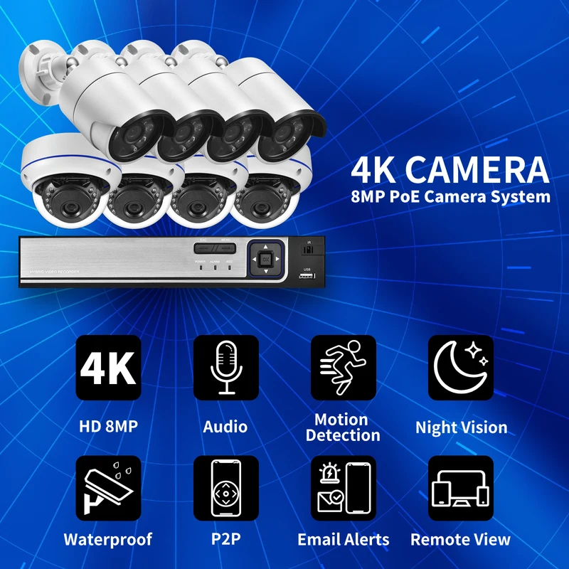 Gadinan 8MP Ultra HD POE Network Video Surveillance System 4K Security Cameras 4CH 8CH NVR Dome Bullet CCTV Kit Audio Record Set