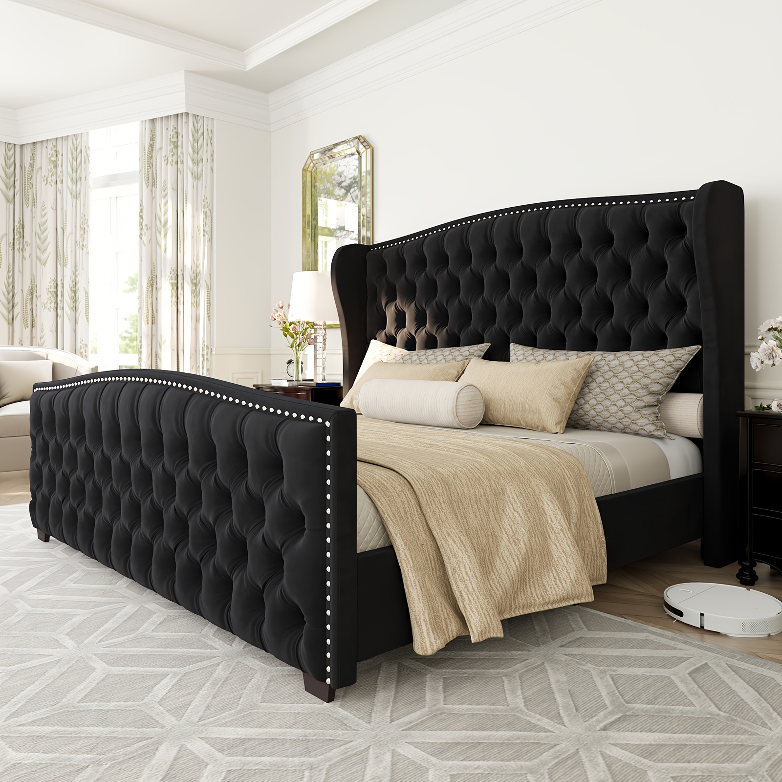 Platform bed frame, velvet upholstered bed, with winged headboard decorated with deep embossed buttons and rivets/no box spring required