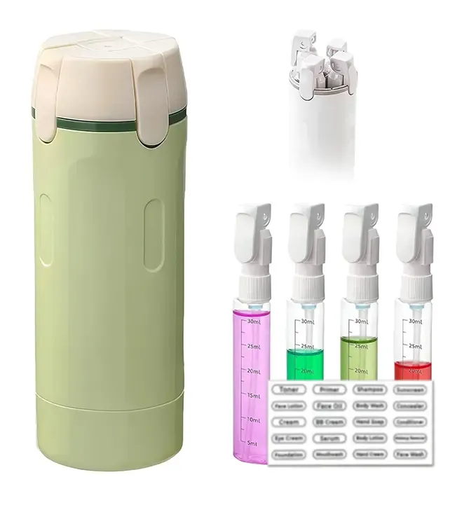 4-piece set of 30ml compact portable plastic sealed dispensing bottles, leak-proof flip-top containers, with scale markings and label stickers, suitable for home use and mini travel
