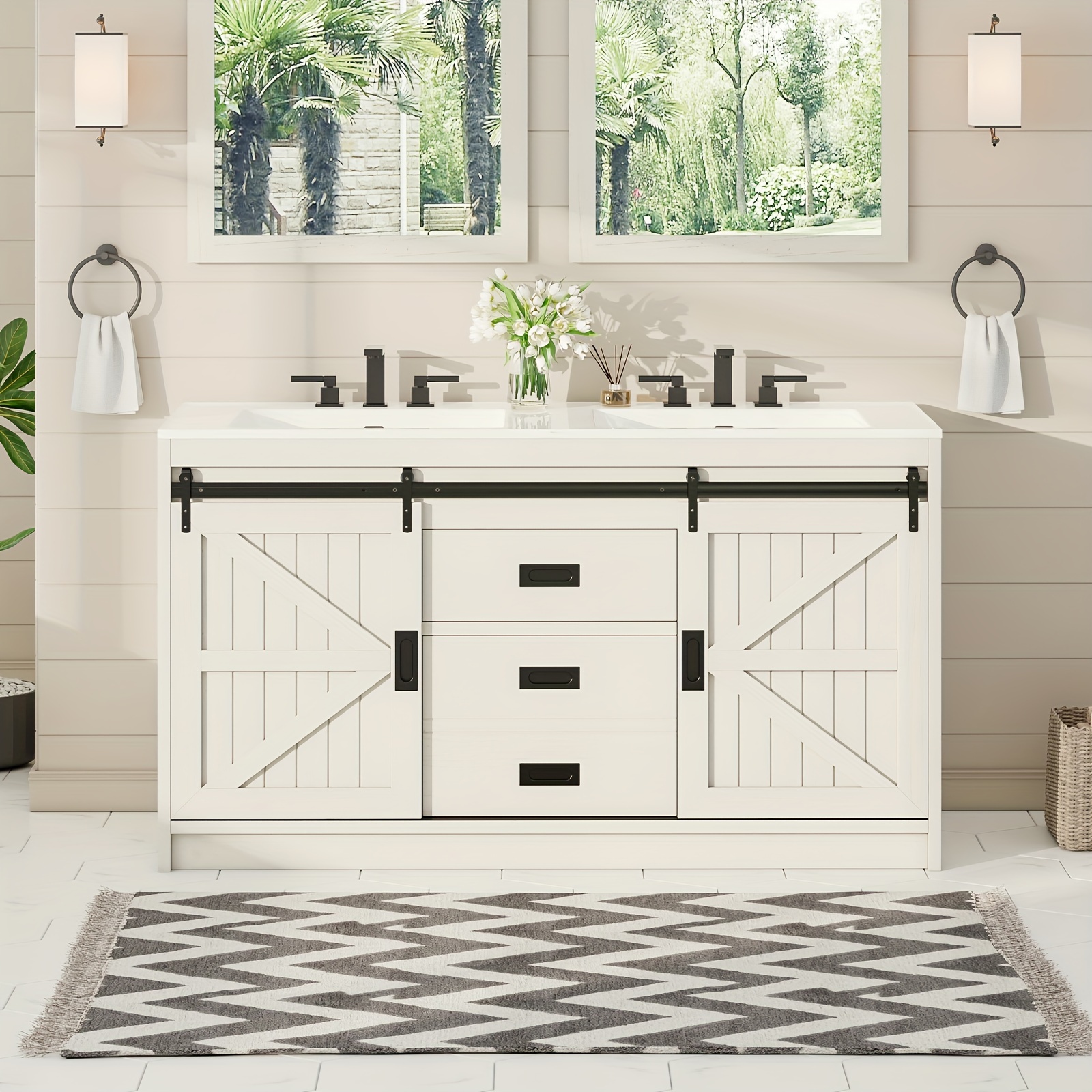 Double farmhouse-style bathroom vanity: 60inch sliding barn door storage cabinet with doors and drawers, double sink combination