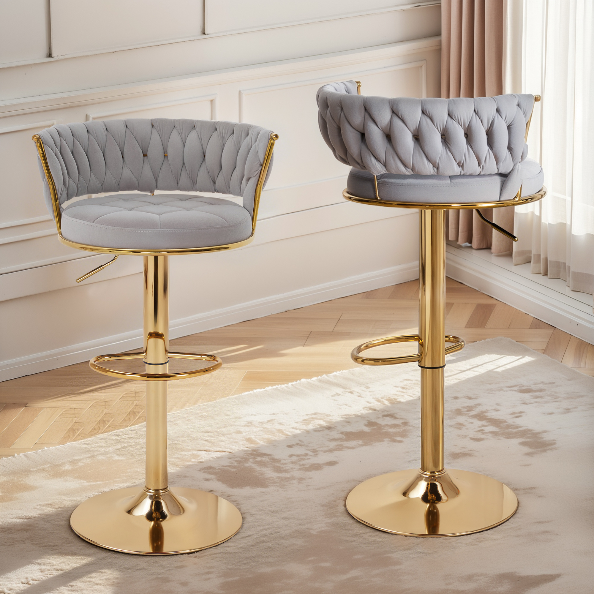 VECELO 360°Set of 4 swivel bar chairs, height-adjustable counter high chairs with back and arms, suede fabric kitchen island chairs