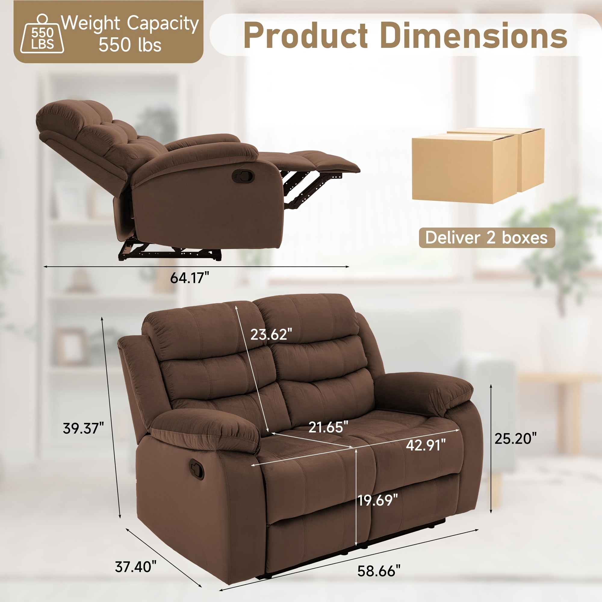 Double recliner, double adjustable recliner with side pockets, manual recliner sofa suitable for the living room, home recliner sofa set, sofa with recliners, double sofa suitable for the living room and home theater