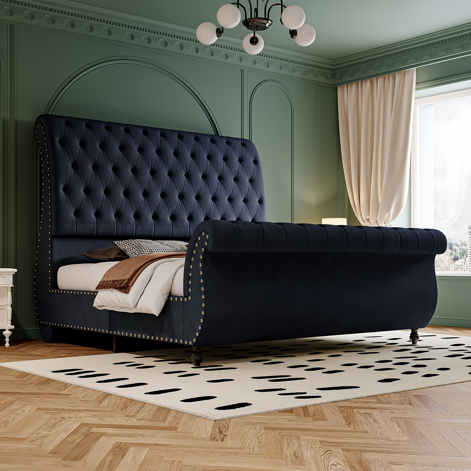 Luxurious velvet upholstered sled bed, featuring an elegant curved headboard and footboard, with a button-tufted base, no box spring required