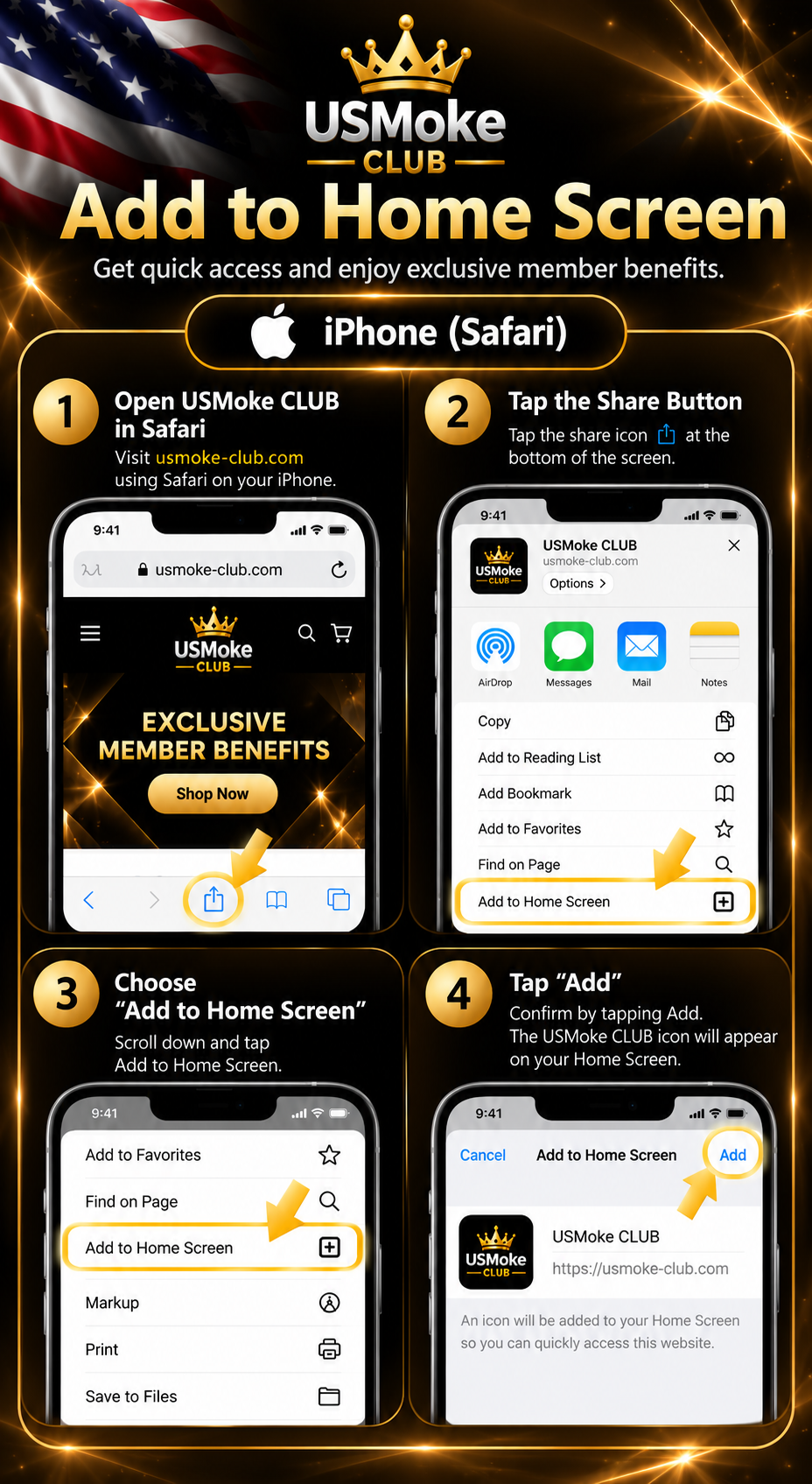 USMoke CLUB iPhone Safari Add to Home Screen four-step tutorial