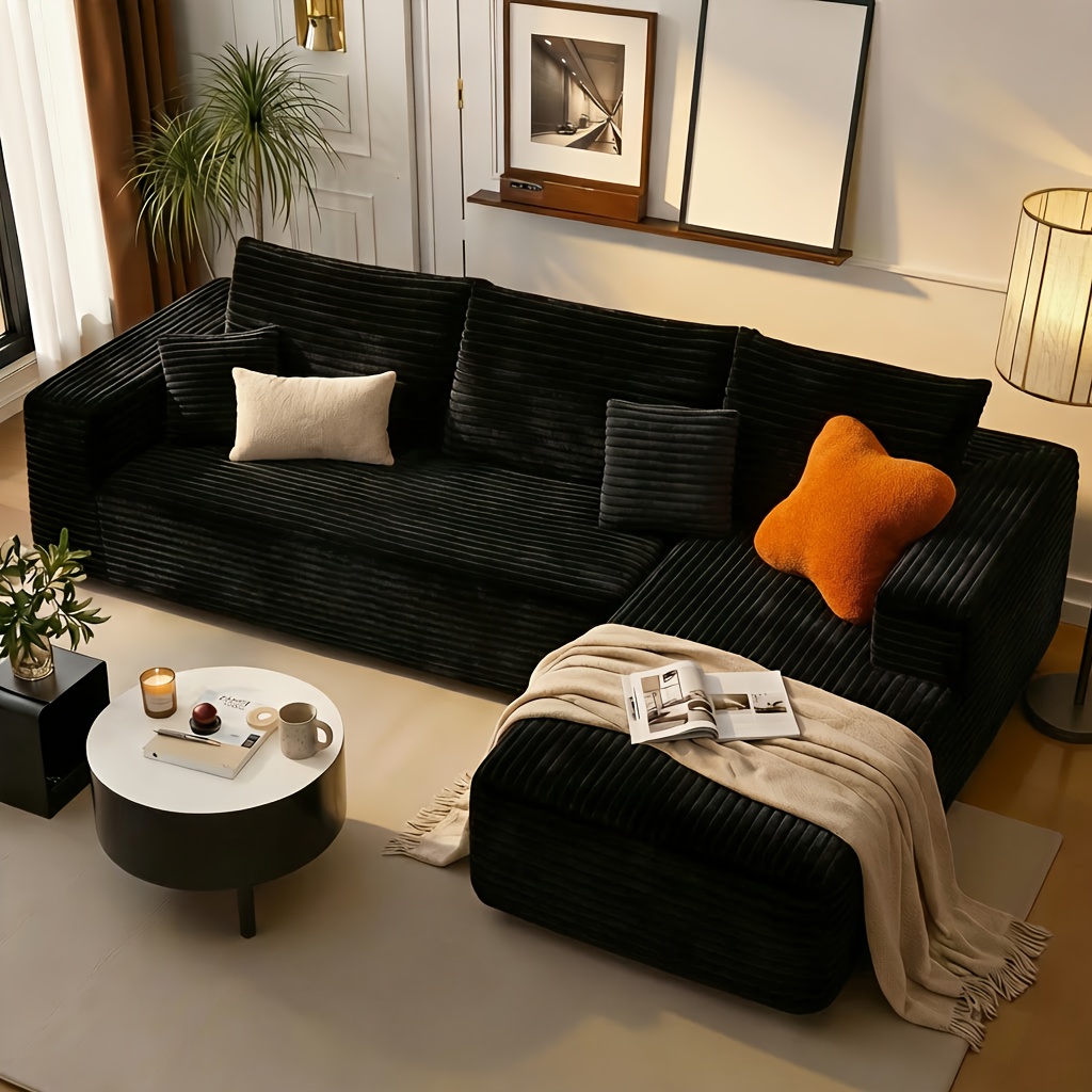Extra-large L-shaped sofa with recliner| Liaroo minimalist compressed frameless, no assembly required, modular cloud sofa, right-side recliner, plush corduroy fabric, cushion back, living room decoration and expansion [free shipping]
