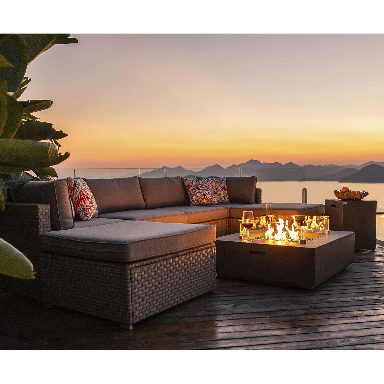 8-Pc Fire Pit Table Outdoor Furniture Sofa, Wicker Cushion Sectional w Celadon Fire Heater