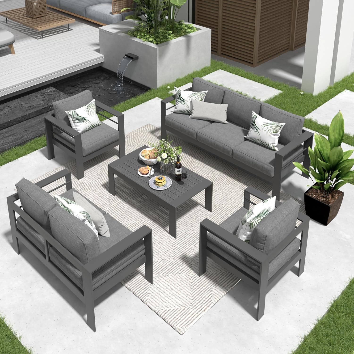 ROYALCRAFT Aluminum Patio Furniture Set, 5-Piece Modern Outdoor Leisure Sofa Set with Upgraded Cushions and Coffee Table, Gray