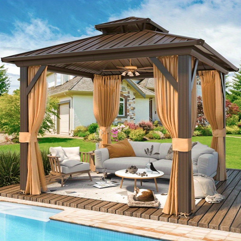 Hard-top gazebo, aluminum alloy frame, double-layer galvanized steel roof, includes curtains and mosquito net, suitable for courtyards, gardens, lawns, and parties