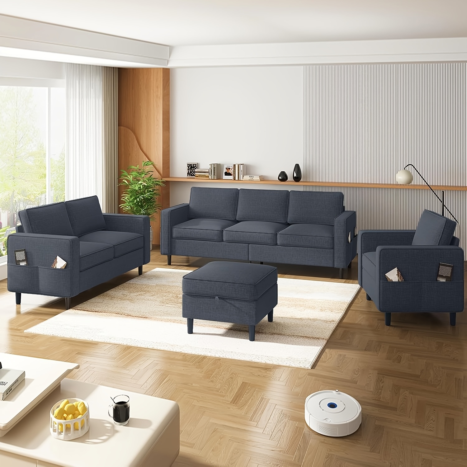 4-piece living room furniture set, convertible sofa set with side pockets and storage ottoman, modern L-shaped sectional sofa, designed for small spaces