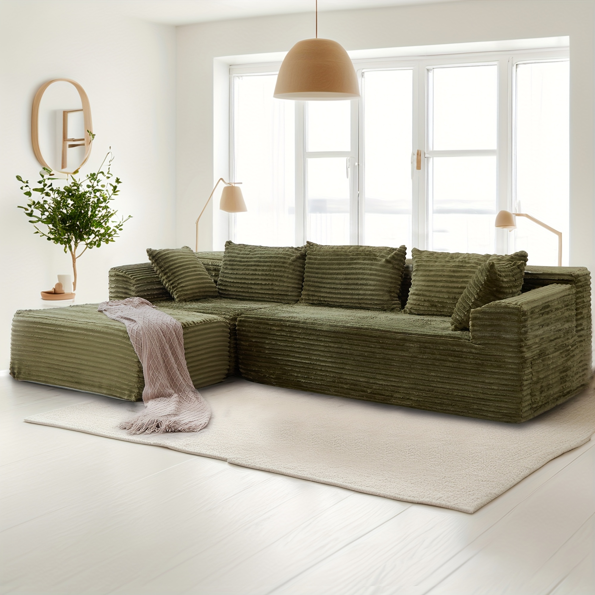Living room sectional sofa, sectional sofa with L-shaped chaise lounge, cloud sofa, comfortable corduroy fluffy sofa with deep seats and side pockets
