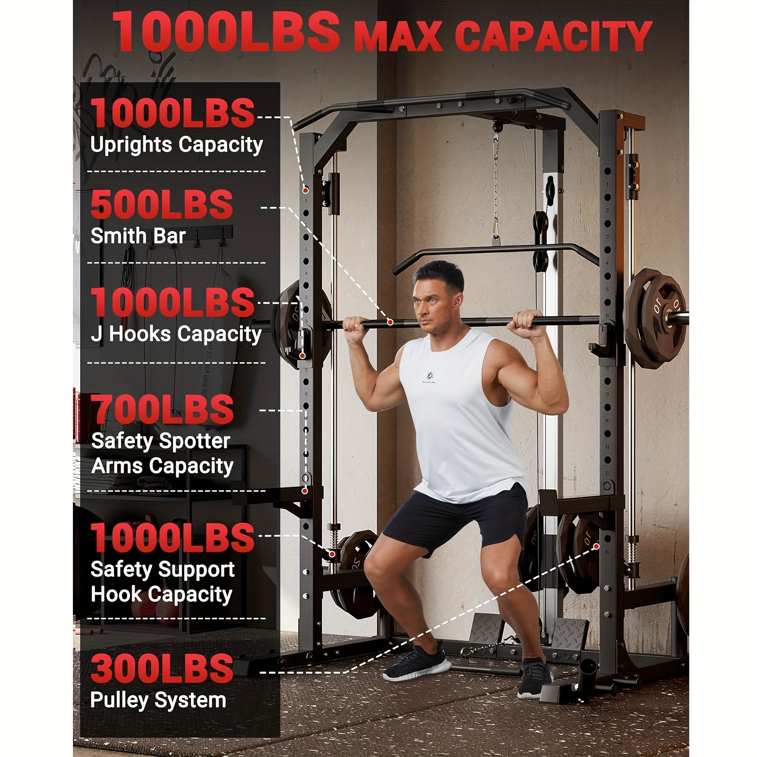 Smith home gym equipment, featuring a barbell bar, resistance trainer system, LAT pull-down attachment, safety arm guards, J-hooks, Landmine, and multi-functional squat rack, suitable for full-body strength training
