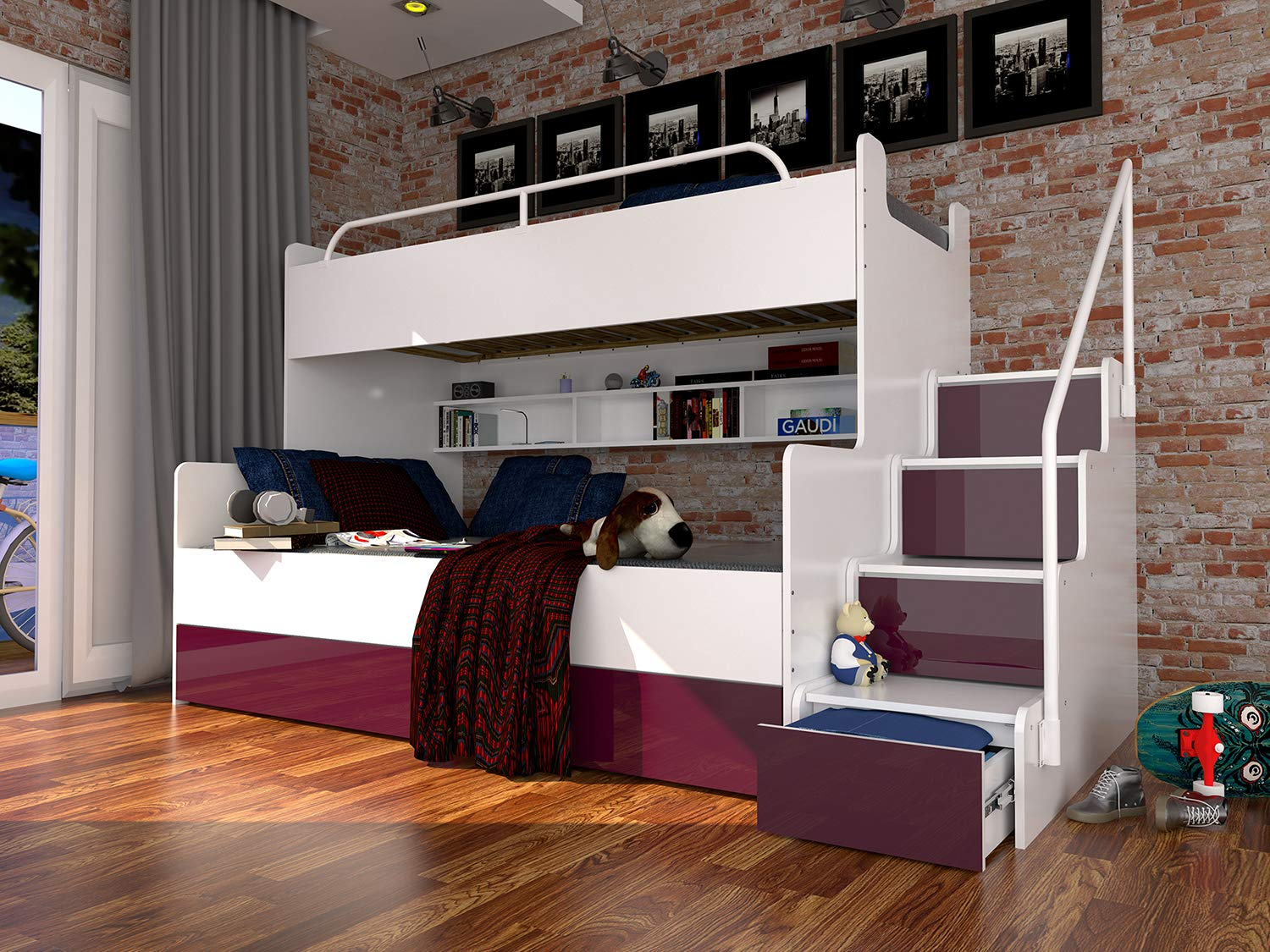 Bunk Bed for 2 Children Stairs Shelves Drawers Rail Modern High Gloss Inserts (White & Purple)
