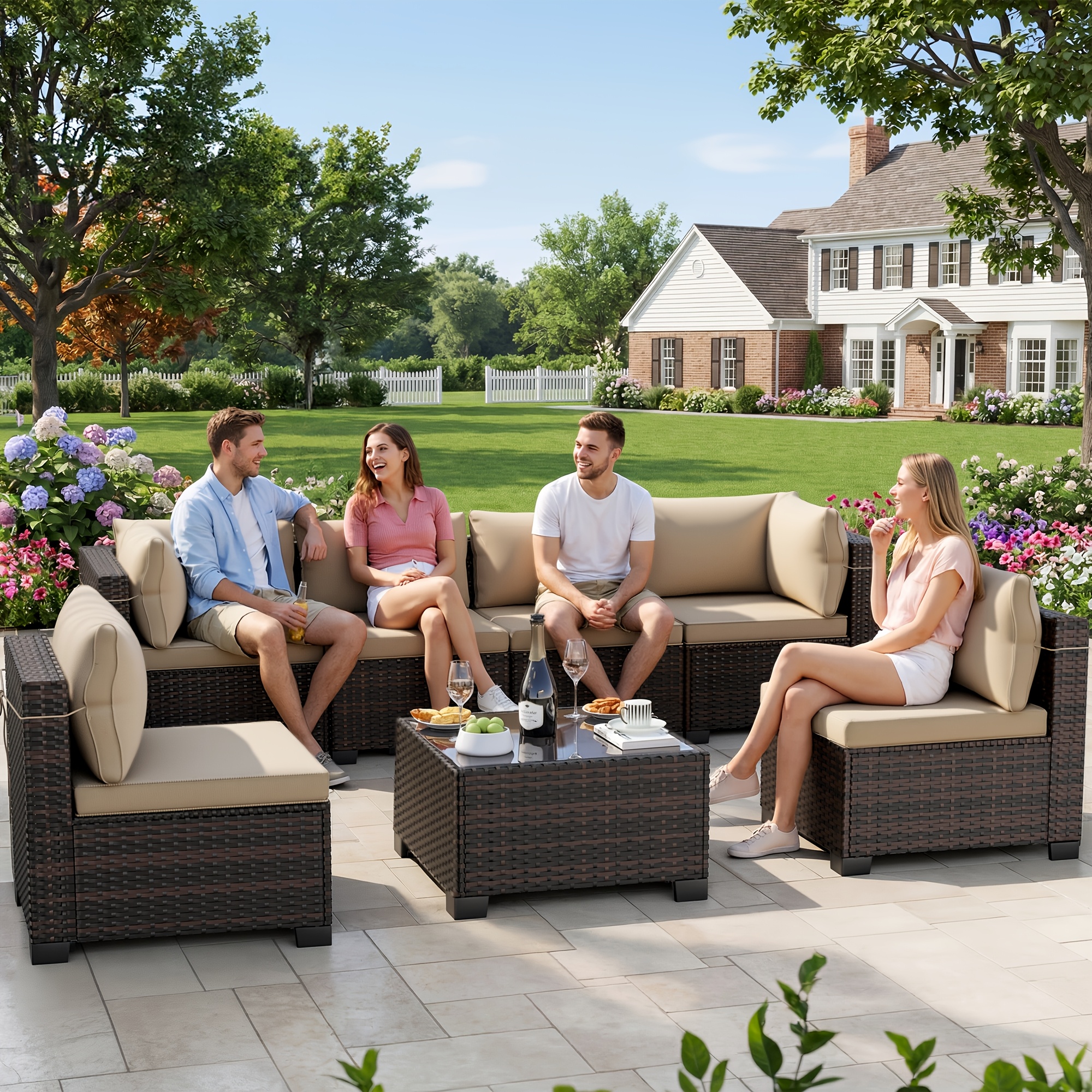 LEVELEVE 7-piece outdoor patio furniture set, rattan conversation sofa combination, hand-woven rattan patio sofa with coffee table