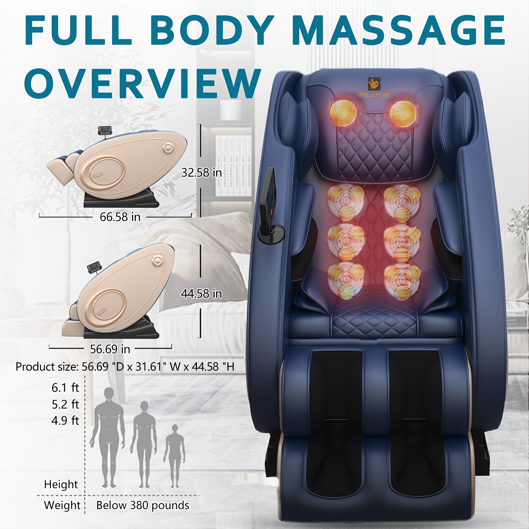 Zero-gravity massage chair recliner, with heating function, full-body massage chair, built-in speakers and touch screen, airbag massage and foot rollers, an ideal Christmas gift for both men and women, electronic neck and back massager