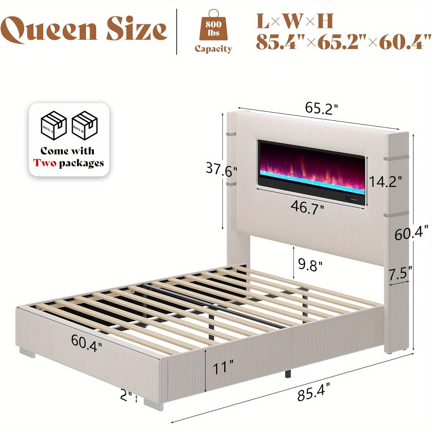 Modern wingback bed frame with integrated fireplace, 60.4inch high quilted corduroy headboard, wooden bed panel design