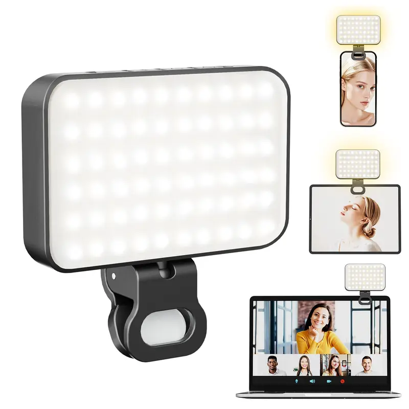 60 Lamp Beads Clip-on LED Selfie Fill Light, Rechargeable Portable Video Light with 3 Light Modes & 10 Brightness Levels for Phone Camera Laptop, Live Streaming Makeup Vlogging Video Conference