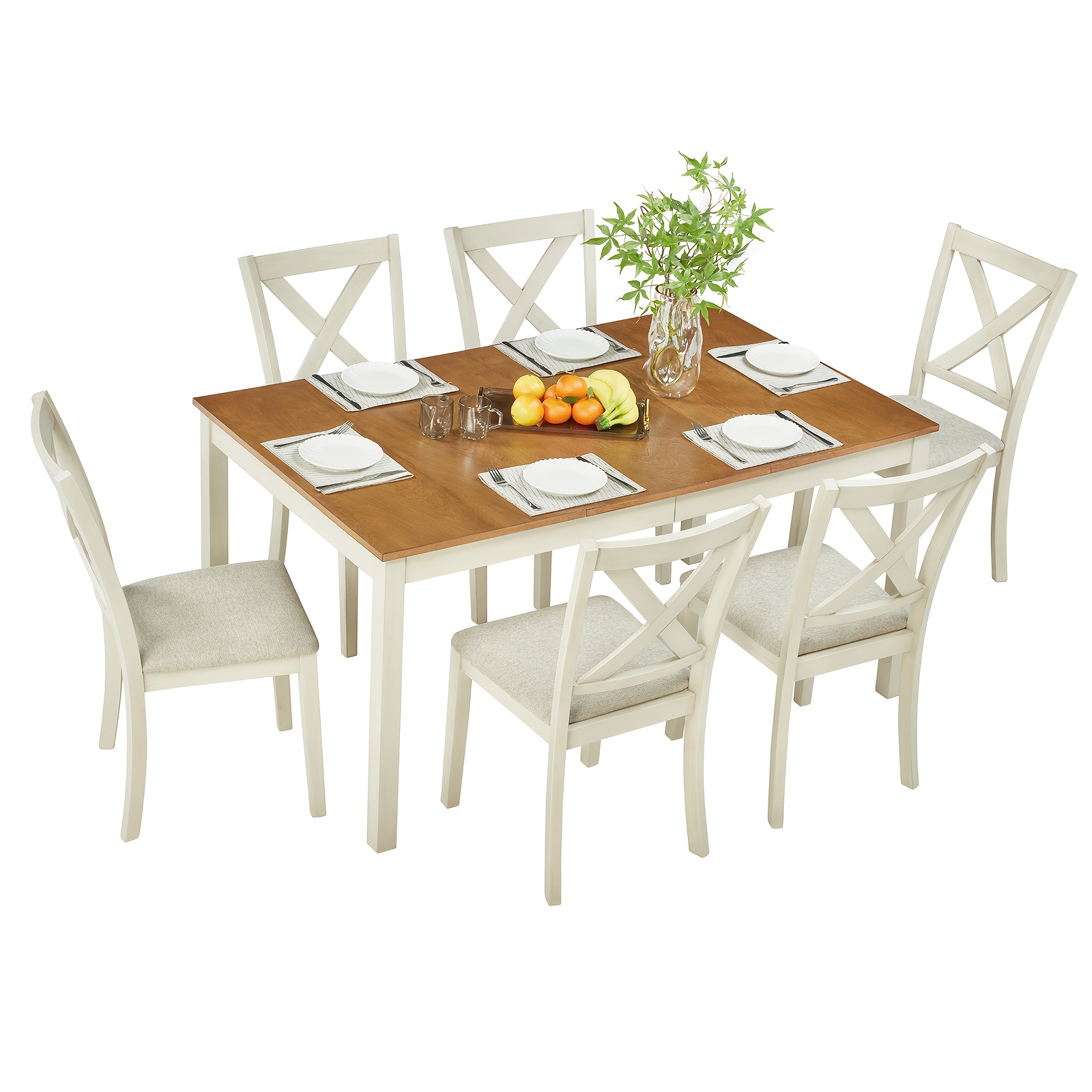 This 7-piece dining table set includes a 60inch solid wood dining table and six chairs with cushions, making it ideal for kitchen or dining room settings.