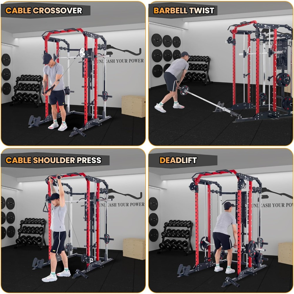 Power Cage Smithmachine - 2400 lbs Premium Multifunctional All-in-One Power Rack with Cable Crossover, Squat Rack, for Home Gym, with High Pull Down System, Home Fitness Equipment
