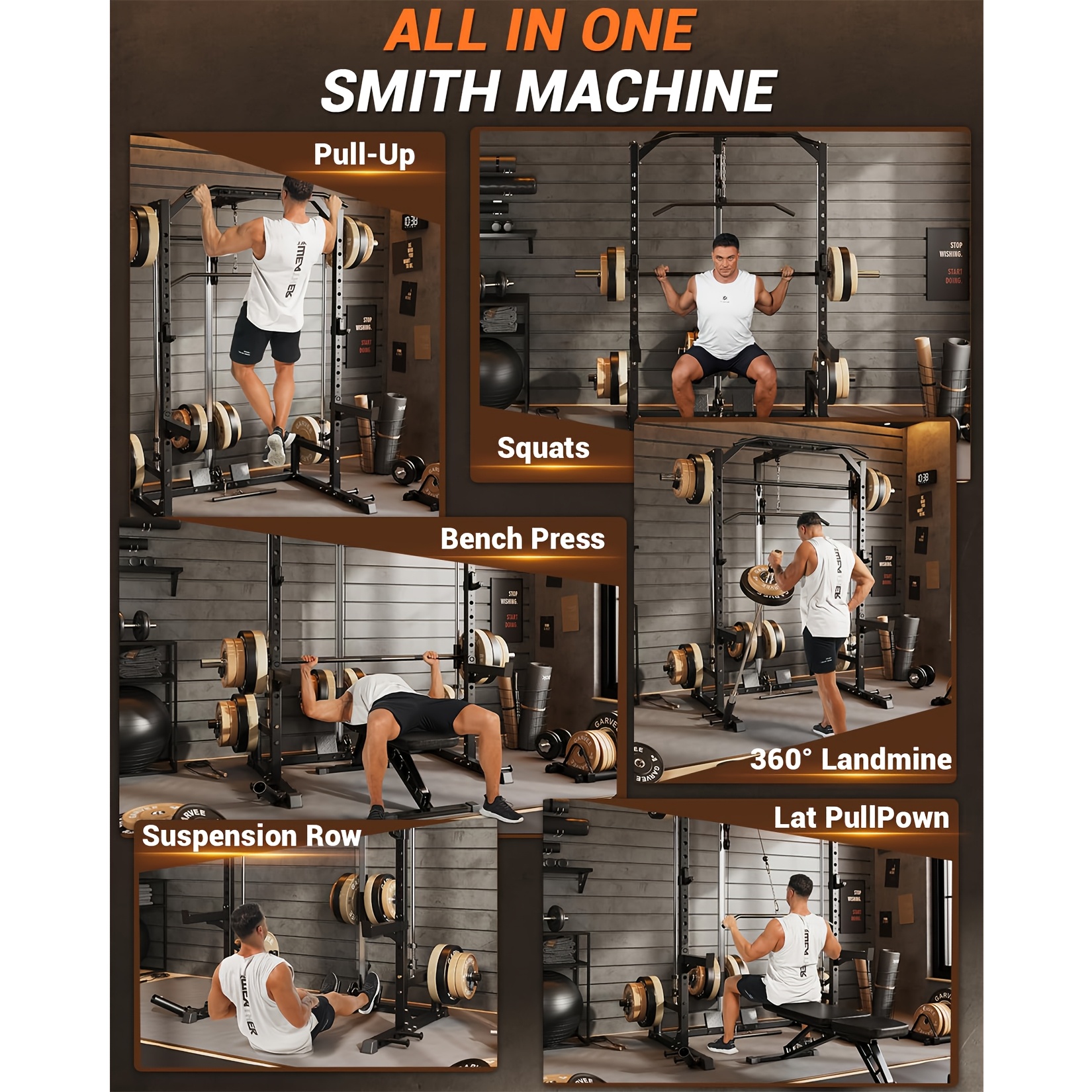 Smith machine with leg pull-up bar, multi-functional power cage with full-body training accessories, heavy-duty home gym squat rack, no need for weight plates