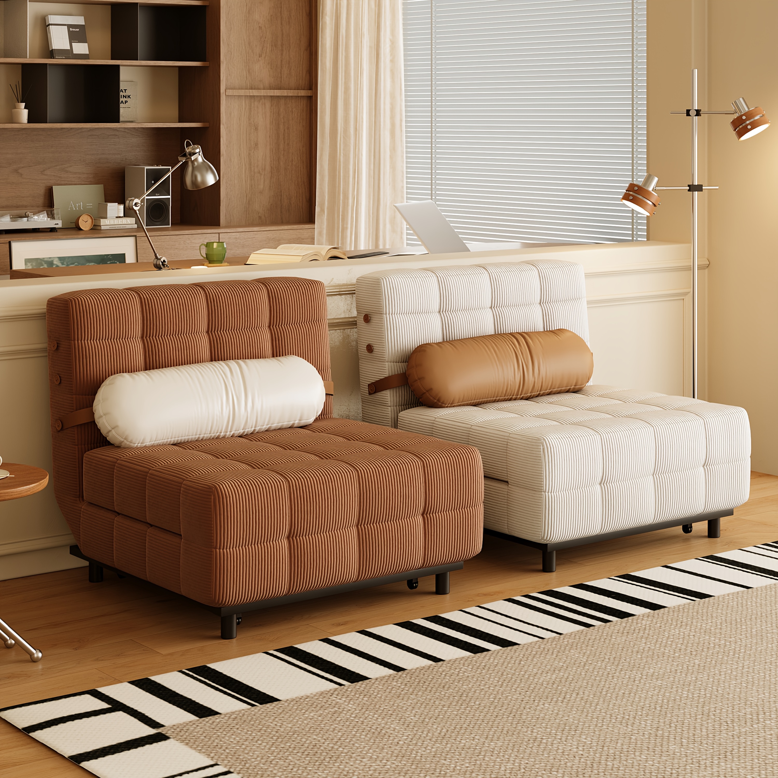 Convertible single sofa bed| Folding chair bed with adjustable backrest and pillow - Luxurious corduroy fabric, durable metal frame, exclusive knitted design for the living room (beige/brown)