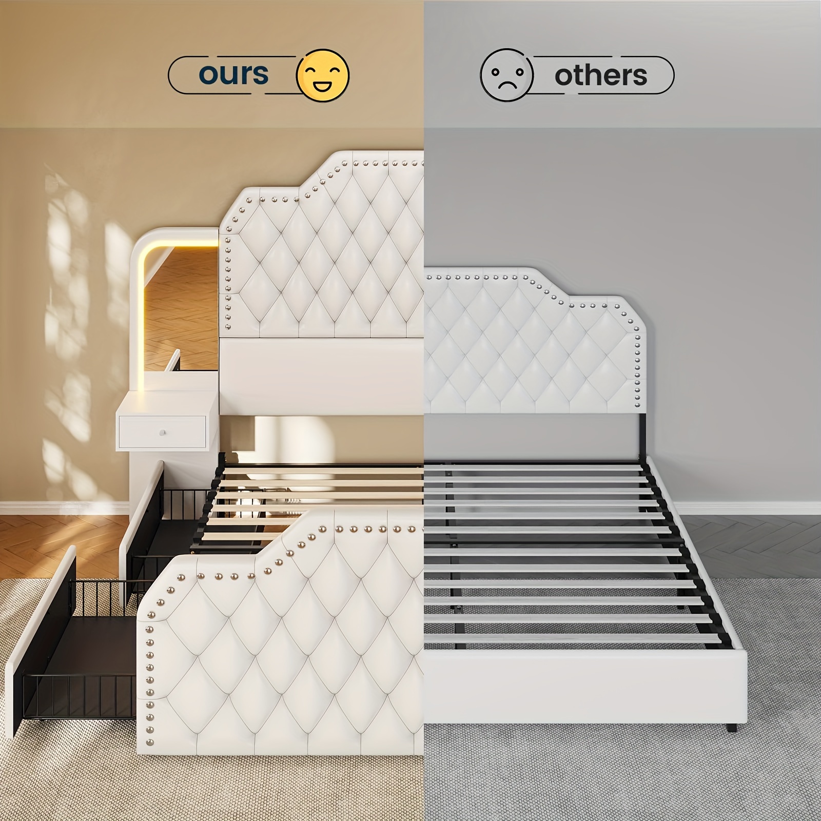 Queen size bed frame with 4 storage drawers and LED lights, modern 53inch high platform bed frame (white)