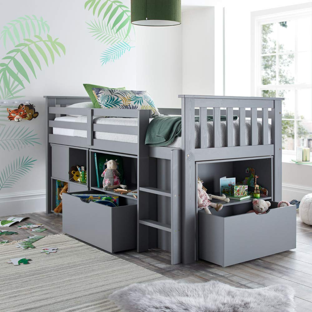 Milo Grey Wooden Mid Sleeper Kids Bunk Bed with Pocket Sprung Mattress 3' Single 90x190 cm