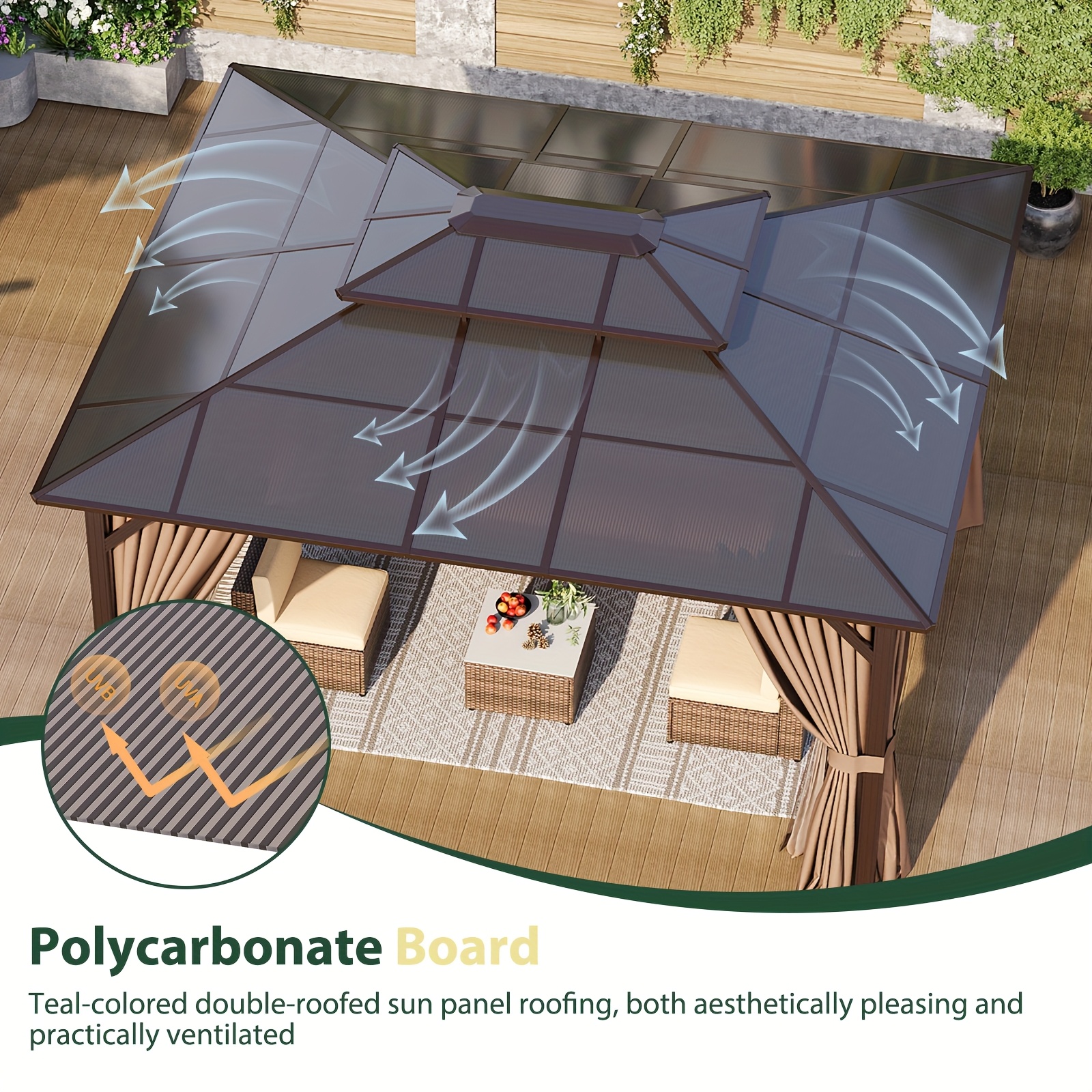 12ft x 14ft hard-top gazebo, permanent outdoor pavilion, equipped with a double-layer polycarbonate roof, curtains and insect screen, rust-resistant aluminum alloy frame, suitable for patios, gardens, and lawns