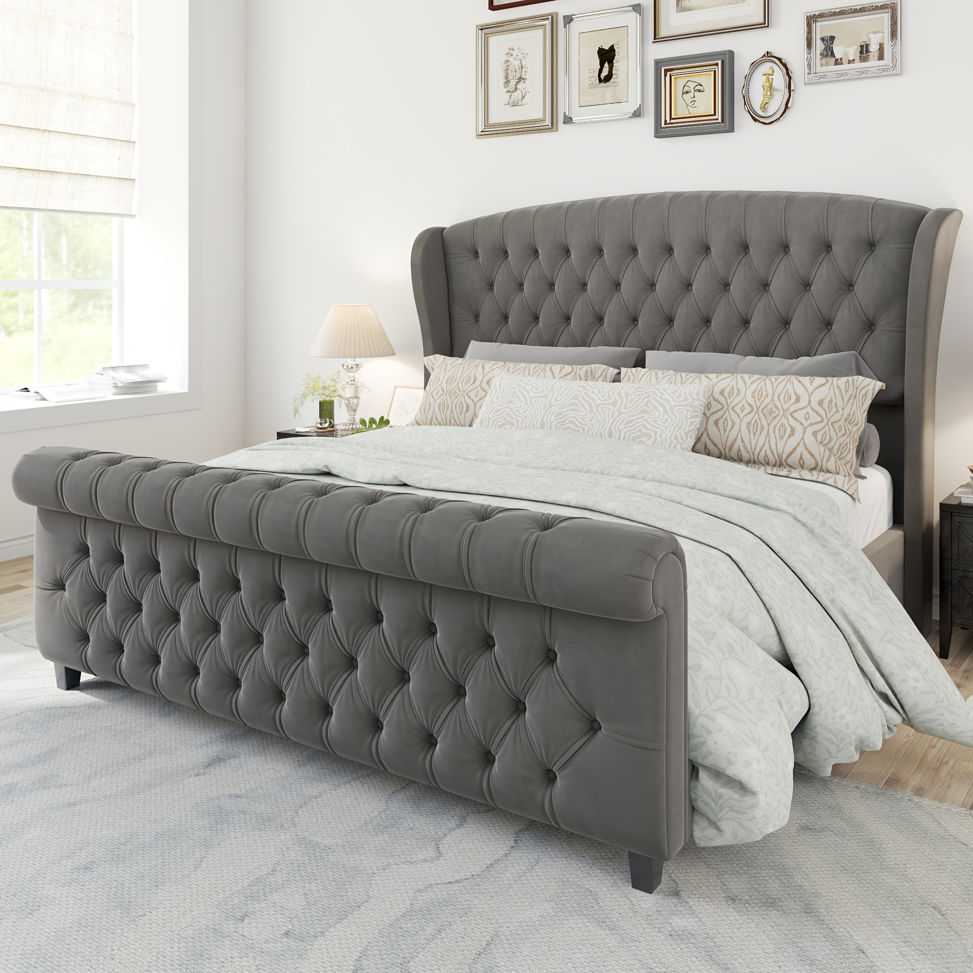 Chenille fabric bed frame, featuring a scroll-back headboard and footboard, with button-tufted embroidery design, does not require a box spring mattress
