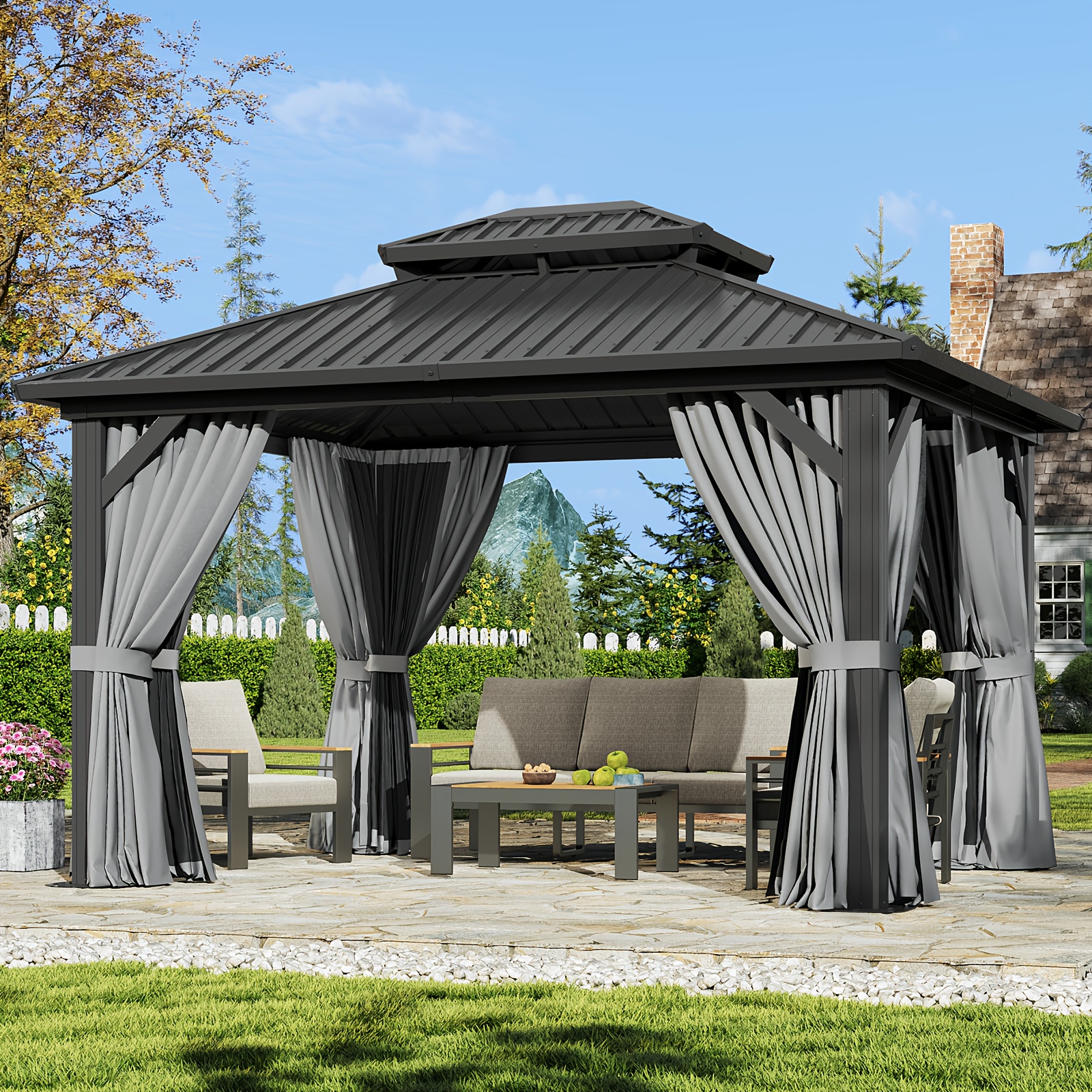 SylvaNest 12'x10' Hardtop Gazebo, Iron Frame Permanent Canopy with Netting and Curtains, Outdoor Gazebo, Outdoor Galvanized Double Roof Awning, Suitable for Patio, Backyard, Terrace (Free Shipping)
